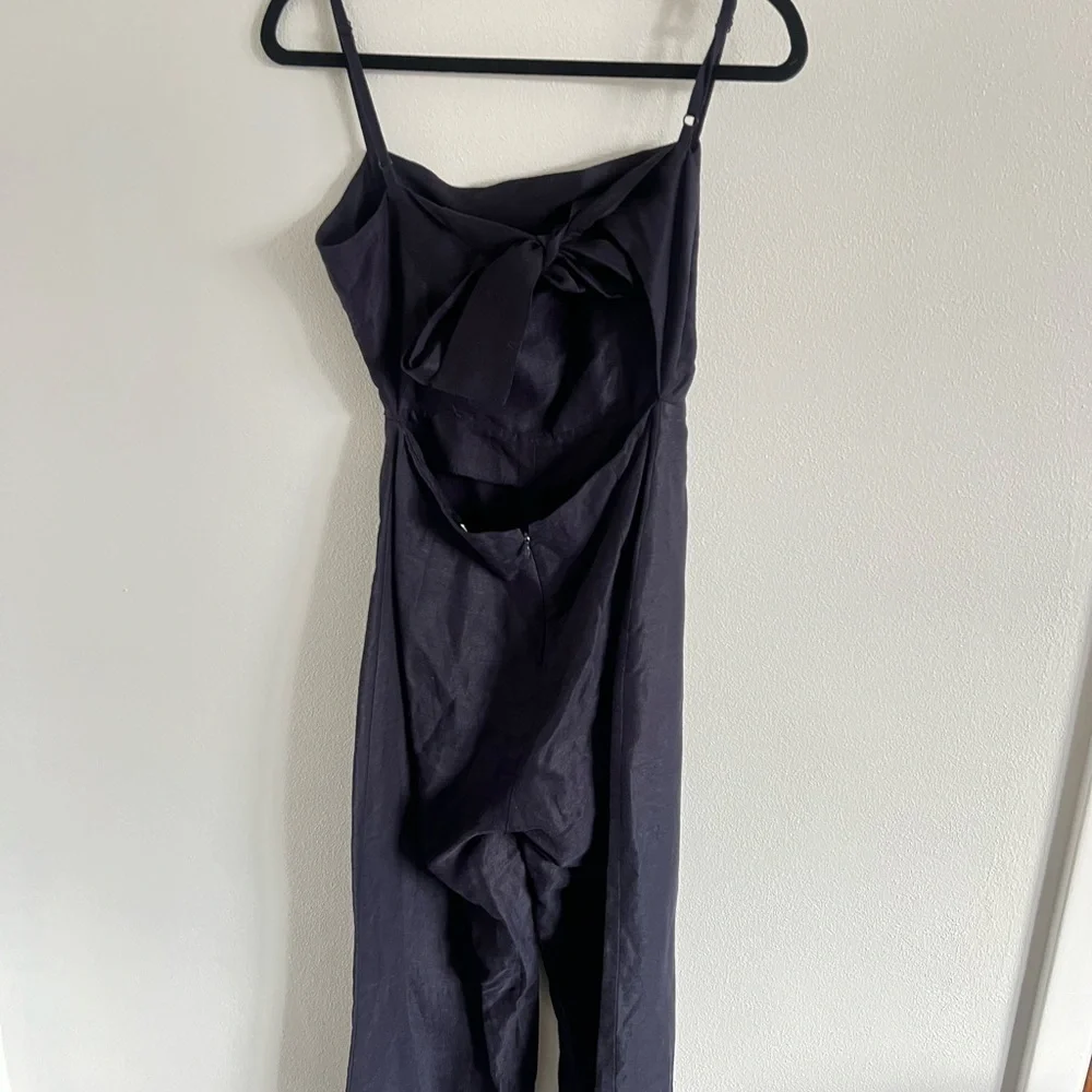 Reformation Navy Linen Jumpsuit Open Tie Back, size 6